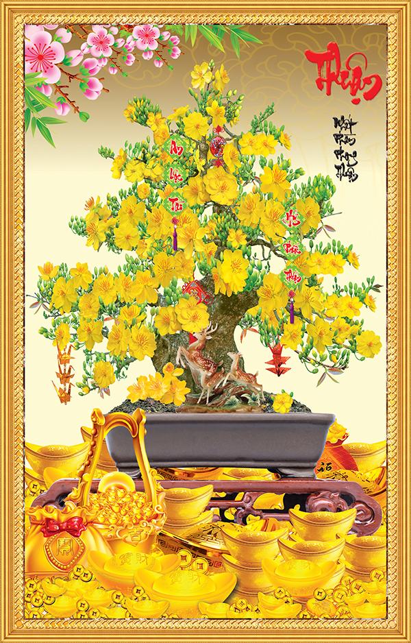 Tranh dán tường 3D VTC Hoa mai chữ Thuận MAI-004 Kim sa