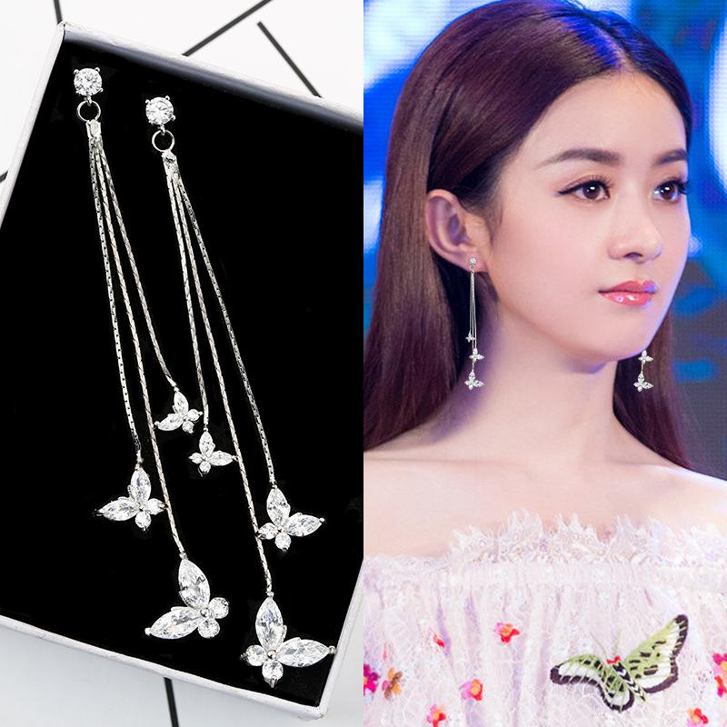 Bông tai ba tua dài bạc s925 đính đá hình con bướm