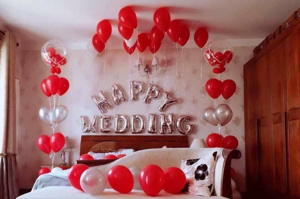 Set chữ HAPPY WEDDING mừng ngày cưới, phụ kiện thành hôn bong bóng kiếng vàng bạc hồng đỏ