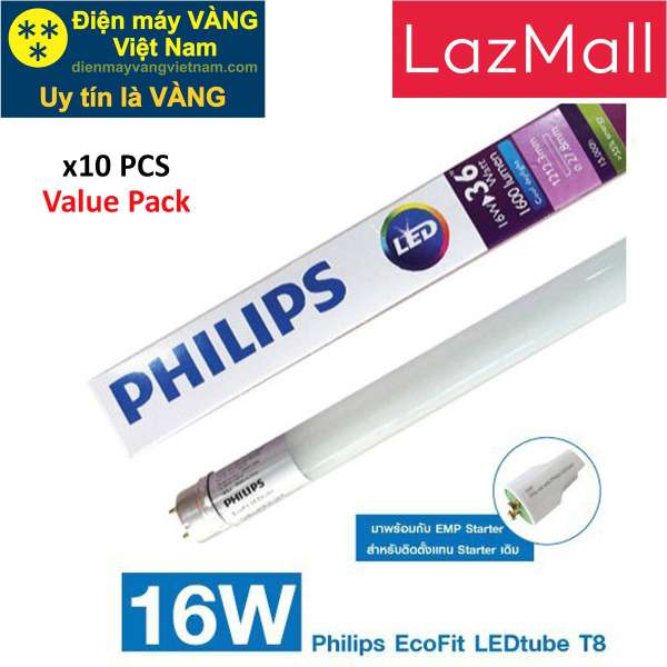 Bộ 10 Bóng đèn Philips LED Tube EcoFit Philips 16W 1M2 (Trắng, Vàng)