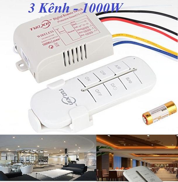 Bộ công tắc điều khiển từ xa 3 kênh 1000W, Remote phát sóng 10 - 50m Tuoxin TX03, công tắc điều khiển từ xa rf 3 cổng, công tắc điều khiển từ xa
