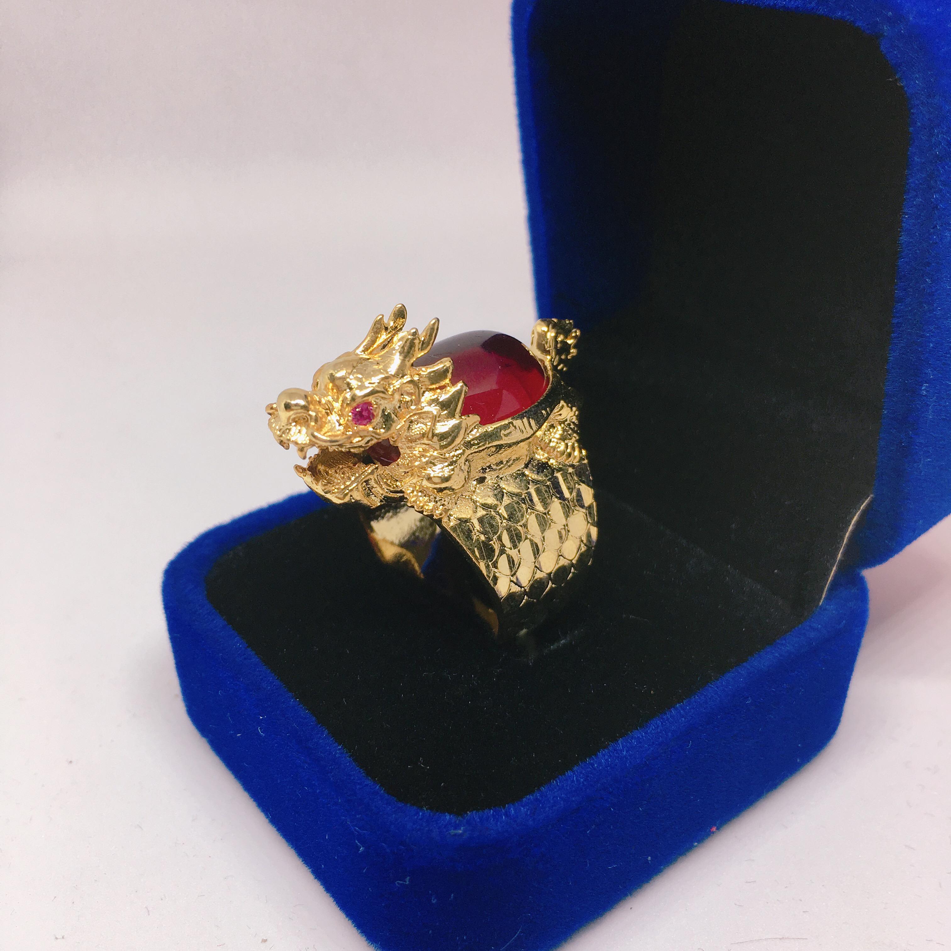 Trang sức phong thủy, may mắn Nhẫn phong thủy Nhẫn nam Rồng đính đá mạ vàng cao cấp, may mắn ( đỏ)