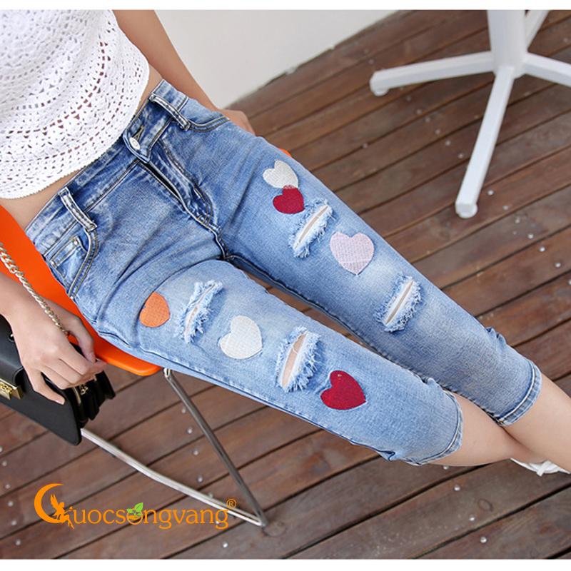 Quần lửng nữ rách quần lửng jean thêu hoa màu xanh biển GLQ086