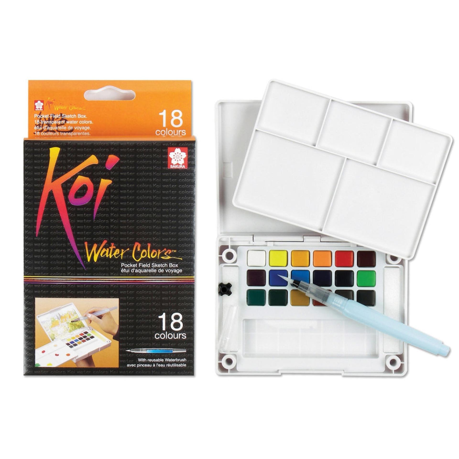 [HCM][TẶNG 10 TỜ GIẤY VẼ MÀU NƯỚC 300 GSM HAPPY A6] - MÀU NƯỚC SAKURA KOI DẠNG NÉN 18 MÀU (KÈM BẢNG PHA MÀU VÀ CỌ NƯỚC DÀI)