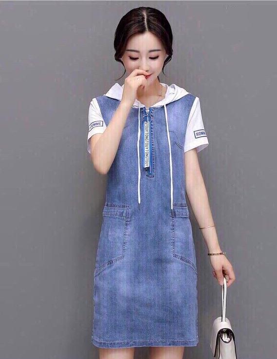 [HCM]Đầm suông jean phối nón