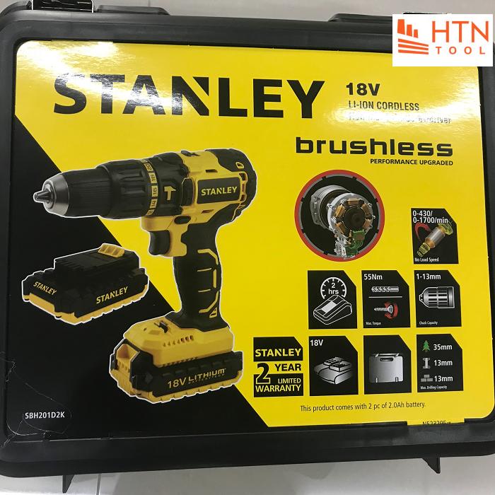 13mm Máy khoann động lực dùng Pin 18V-2.0Ah Không chổi than Stanley SBH201D2K-B1 (Kèm 2Pin, 1 mũi bắt vít và 1vali)