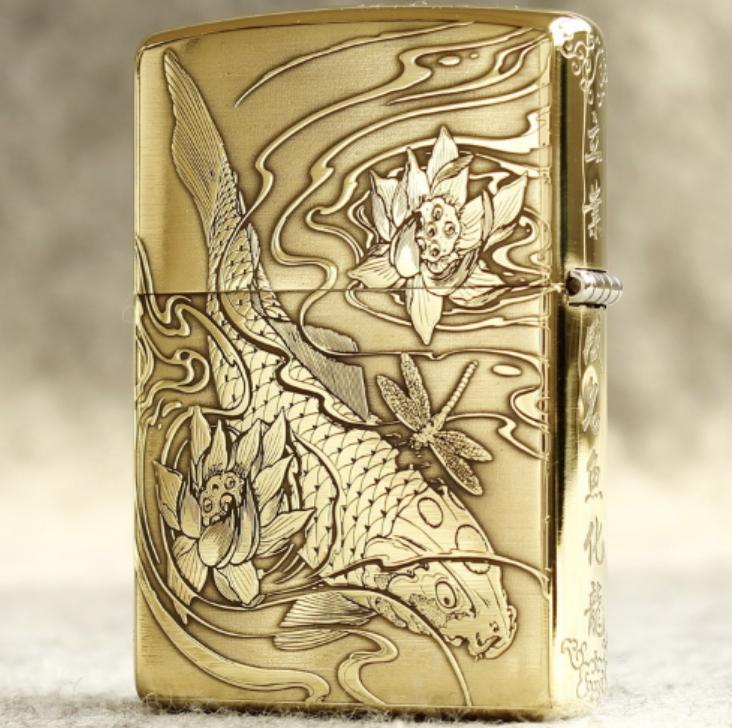 Zippo cá chép hoa sen 5 mặt đồng thau bảo hành trọn đời