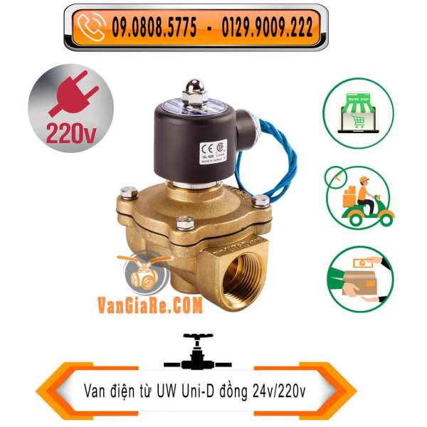 Van điện từ phi 76mm (Đầu coil nhập XỊN) UW Uni-D, thường đóng, đồng 24v/220v