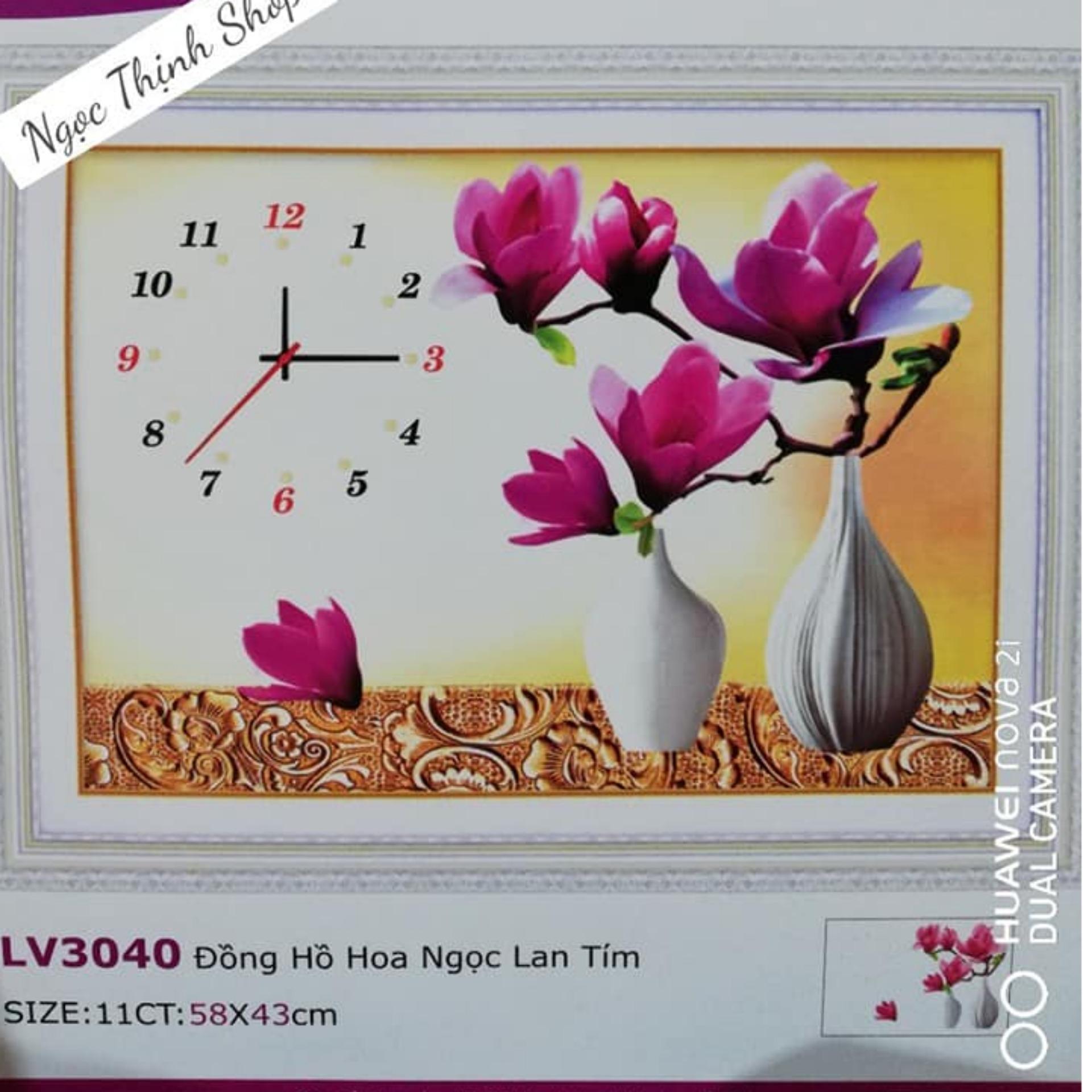 Tranh thêu chữ thập ĐỒNG HỒ HOA NGỌC LAN TÍM -LV3040-kíCH THƯỚC 58X43CM