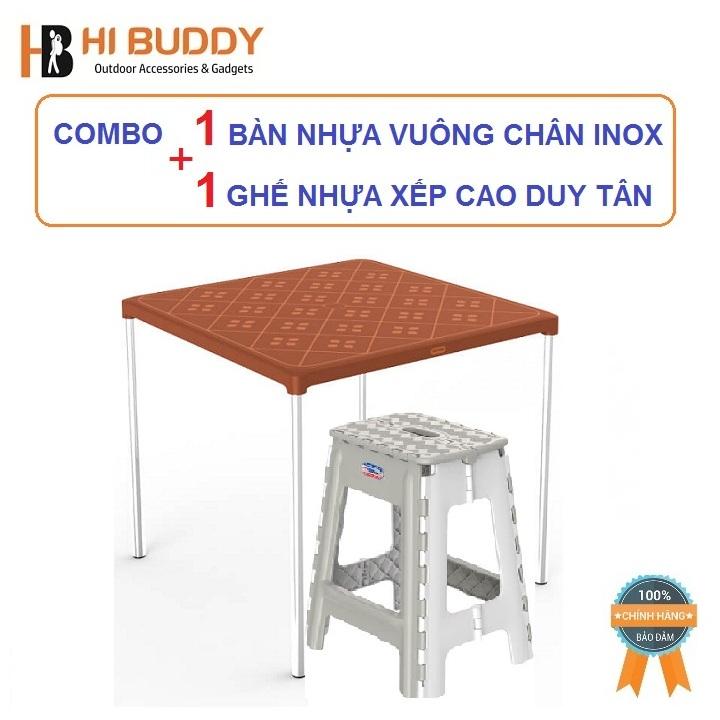 Combo 1 Bàn vuông chân Inox cao cấp + 1 Ghế nhựa cao xếp Duy Tân