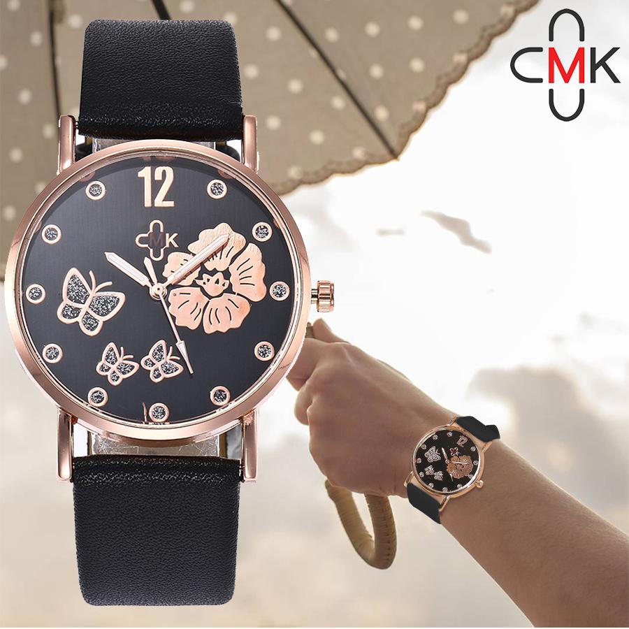 Đồng hồ nữ dây da CMK - Họa tiết cánh bướm (Đen)