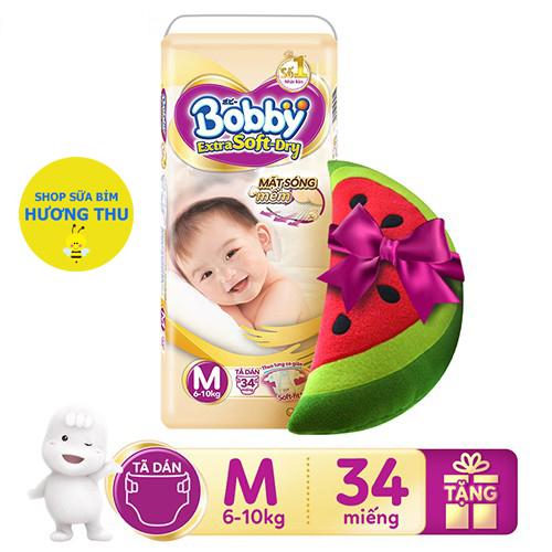 Tã/Bỉm Dán Bobby Extra Soft Size M 34 miếng (dành cho bé 6 - 10 kg), tặng kèm gói ôm hoa quả
