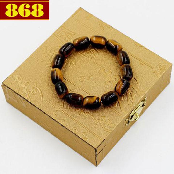 Vòng chuỗi mắt hổ hạt hình bầu 10mm kèm hộp gỗ