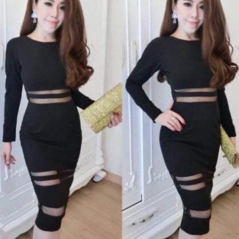 Đầm body tay dài phối voan lưới