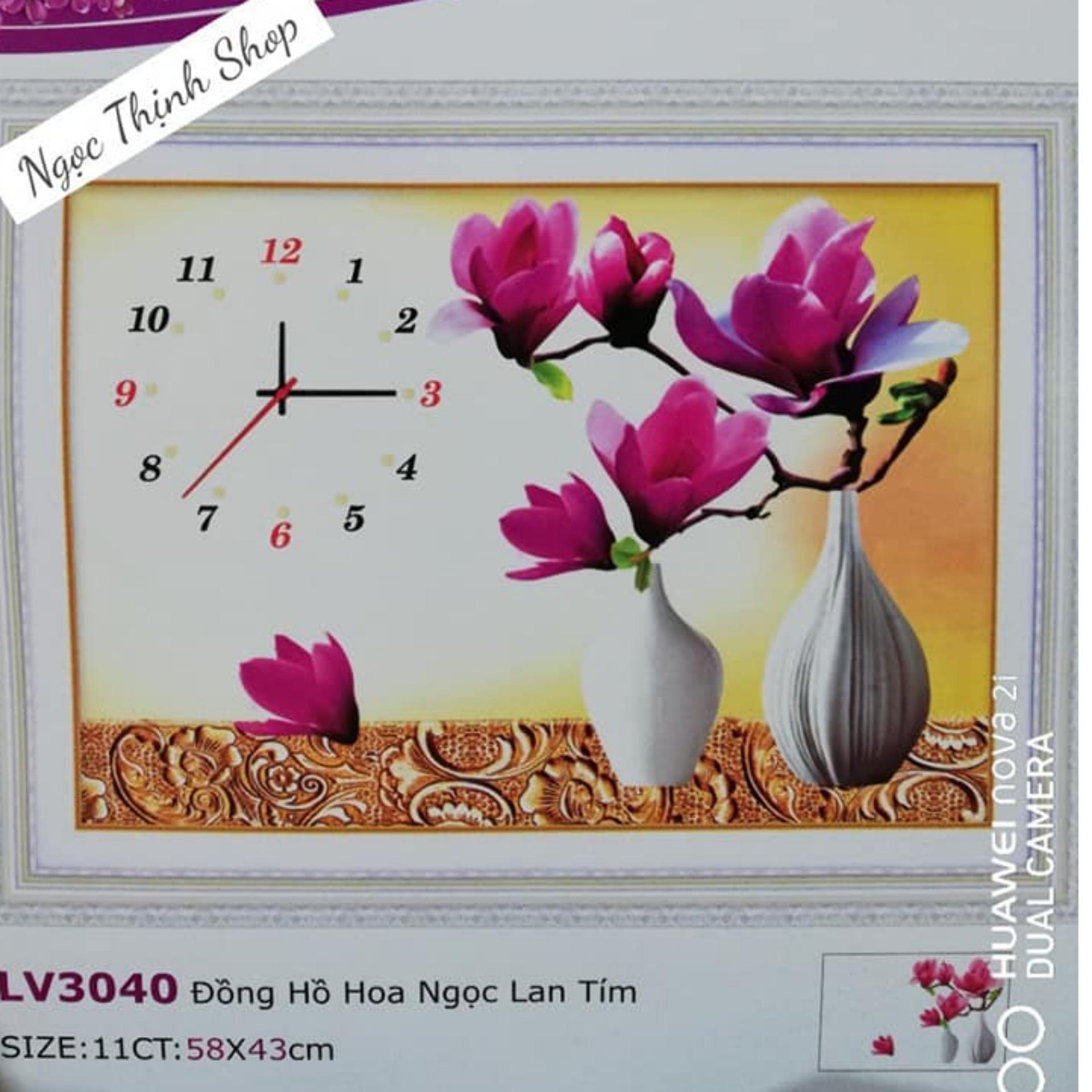 Tranh thêu chữ thập Đồng hồ Hoa Ngọc Lan Tím LV3040