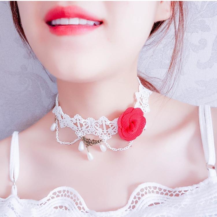 Vòng cổ choker ren trắng hoa hồng đỏ mảnh mai dịu dàng nữ tính