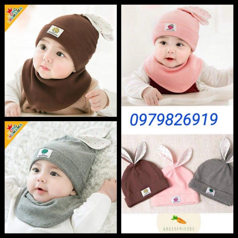 Bộ mũ khăn cotton tai thỏ cho bé