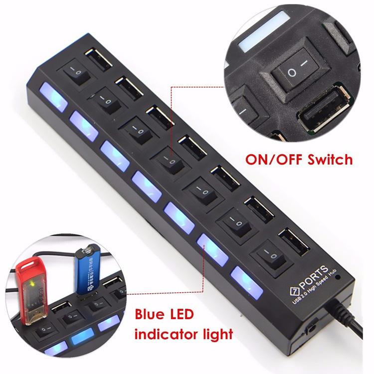 Thiết bị chia 7 cổng USB có công tắc đen