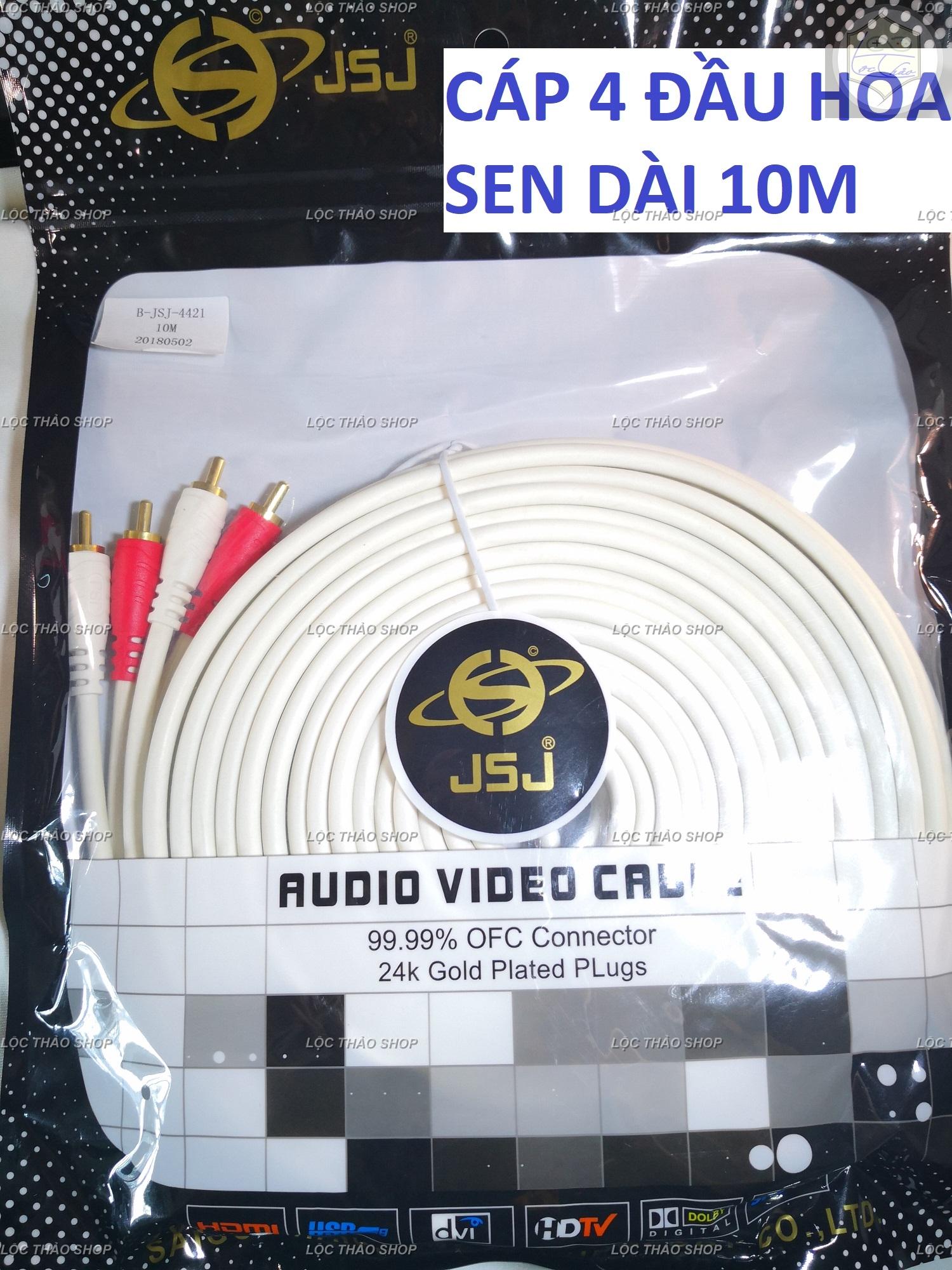 Cáp loa 4 đầu hoa sen RCA dài 10M cao cấp JSJ (Dây loa AV 4 đầu)