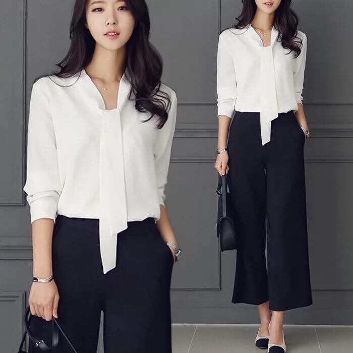 Sơmi công sở nữ thắt nơ, chất voan lụa, có ảnh thật
