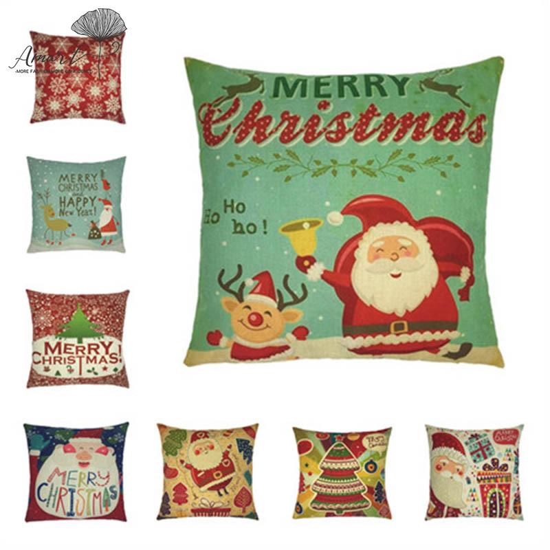 Amart Square Flax Pillow Case Santa Snowflake Pattern Pillow Case Christmas Home Decorative