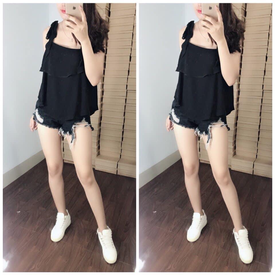 Áo voan nơ cột vai hai tầng