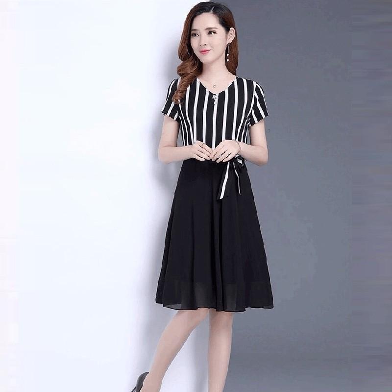 Đầm suông dạo phố phối sọc cao cấp