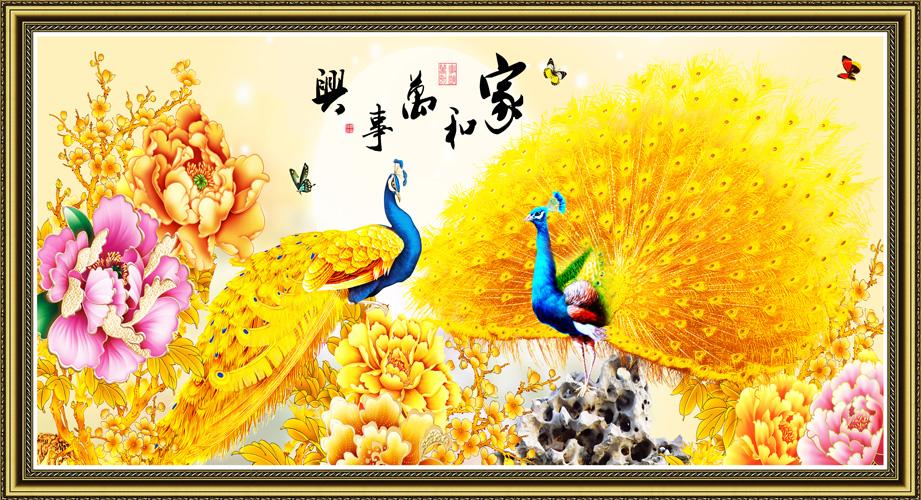 Tranh dán tường 3D VTC Đôi chim công vàng LunaTM-0202K KT 150 x 80 cm
