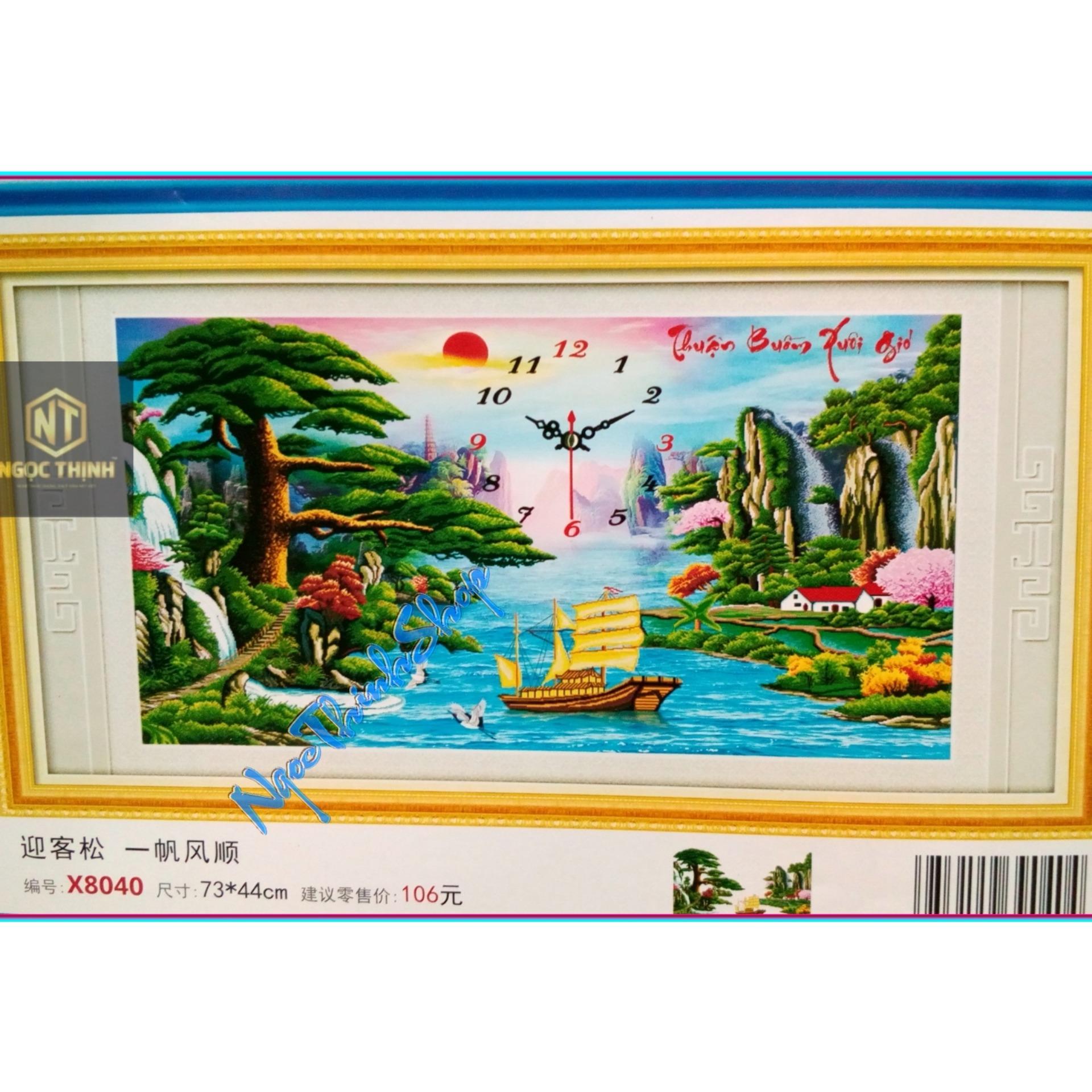 X8040-Tranh thêu chữ thập thuận buồm xuôi gió đồng hồ