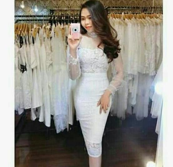 Đầm body tay dài lưới đính cườm phối ren 