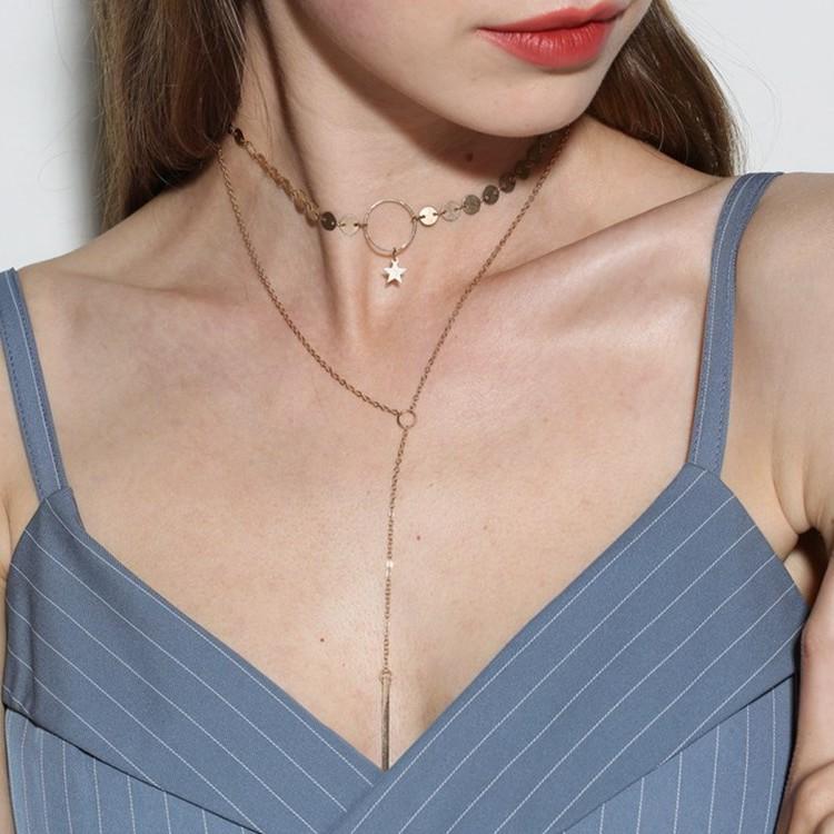 Vòng choker kim loại sợi mảnh mặt vòng tròn ngôi sao nhỏ sexy