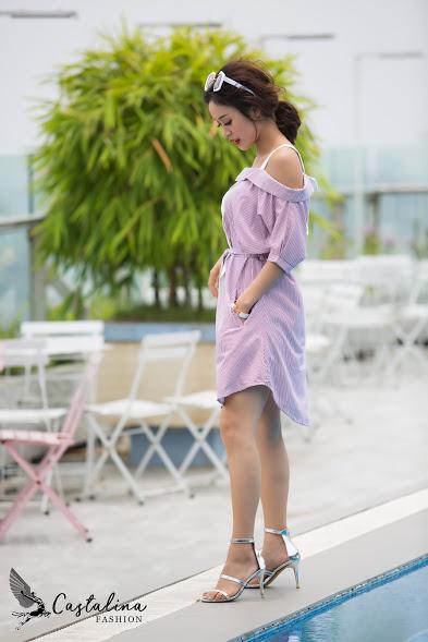 Đầm sơ mi trễ vai phối kẻ siêu chất siêu đẹp-xanh(8936170580030)