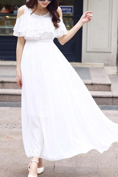 Đầm maxi chifon rớt vai (Trắng)