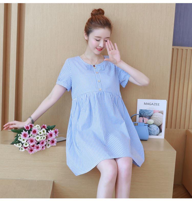 Váy Bầu Kẻ Caro Xanh Nơ Cổ