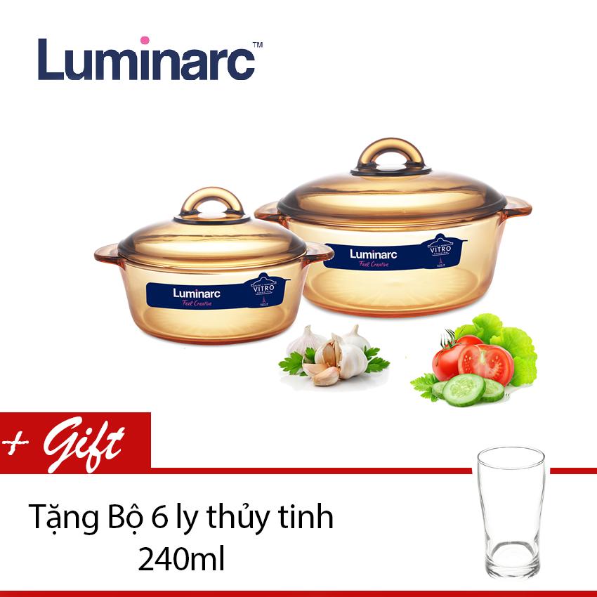 Bộ 2 nồi thủy tinh Luminarc Vitro Amberline Granite 1L/2L (Đáy mới chống trượt) + Tặng Bộ 6 ly thủy tinh 240ml