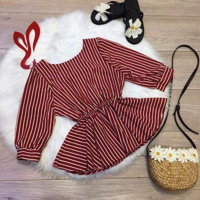 Áo Peplum Sọc Kẽ Lưng V Buộc Nơ