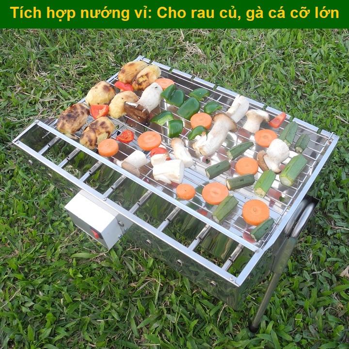 Bếp nướng than hoa MekongTech-V3: Tự xoay giúp chống cháy thực phẩm an toàn sức khỏe, chất liệu INOX( kích thước45x35x24cm), than hoa không khói dùng nướng ngoài trời dã ngoại