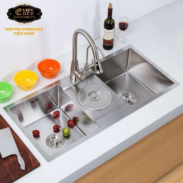 Chậu rửa chén Handmade Inox SUS 304 2 hộc 1 hố rácEurolife EL-C2 (Trắng bạc)