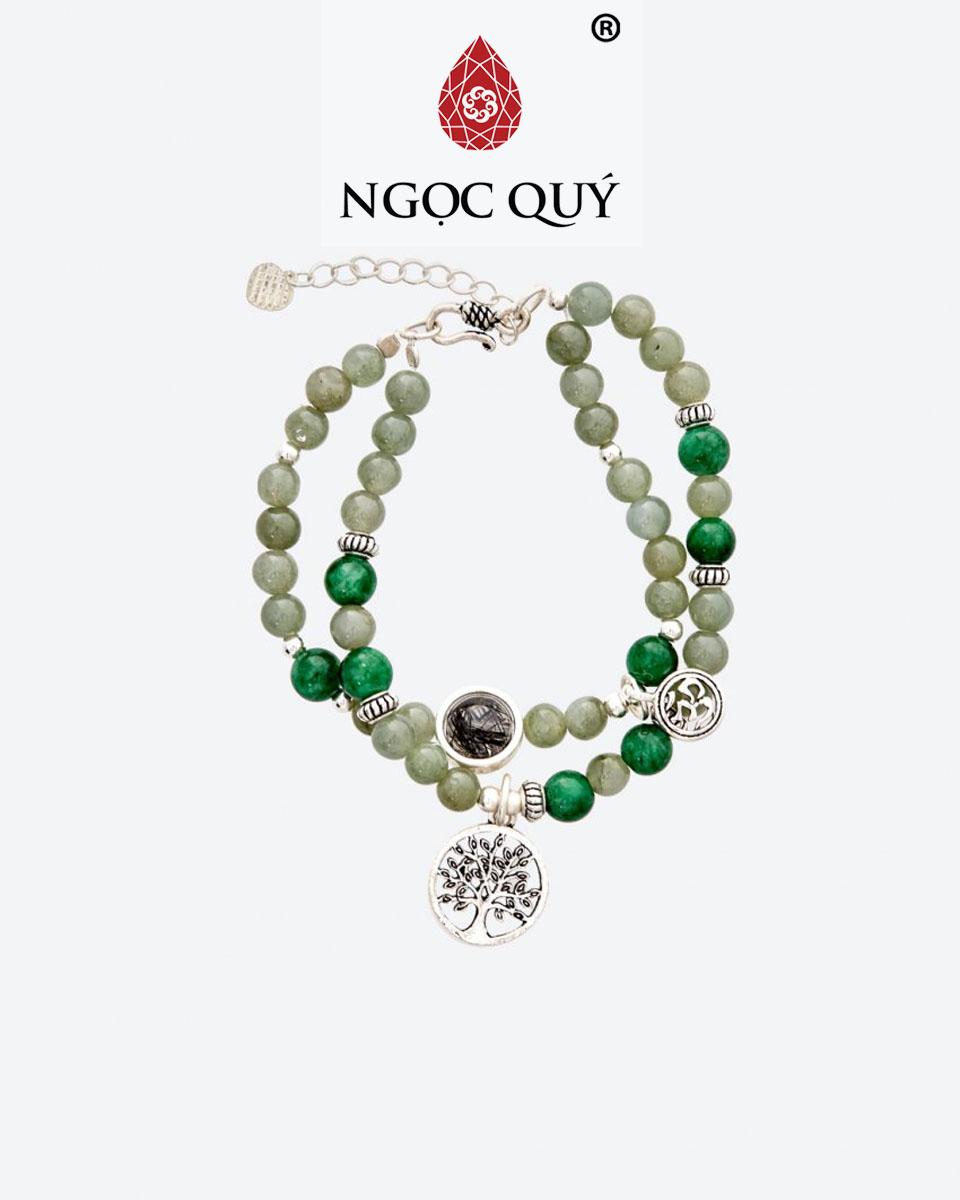 [HCM]Vòng Tay Đôi Đá Cẩm Thạch Mix Đá Thạch Anh Tóc Đen Charm Cây Bạc Mệnh Mộc Hoả (màu xanh - đen) - Ngọc Quý Gemstones