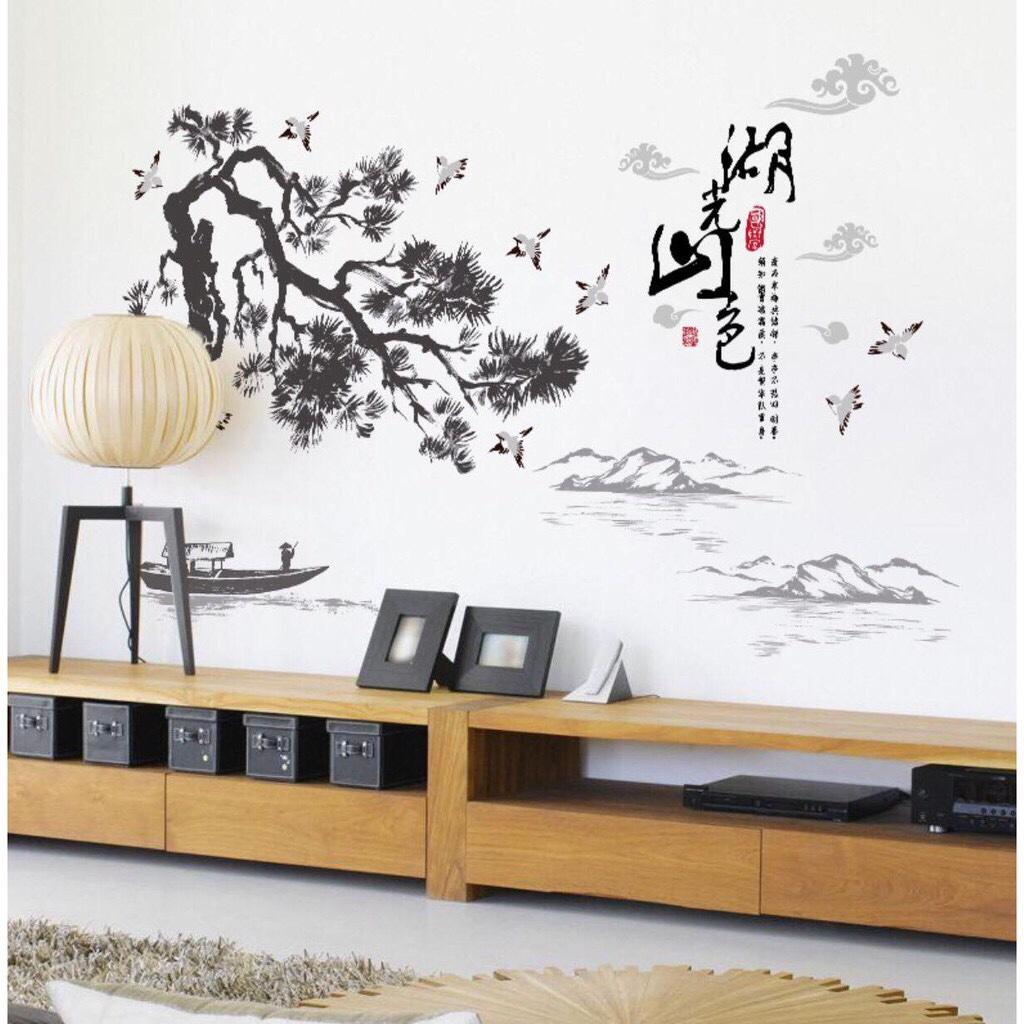 decal dán tường phong thủy cây tùng non nước