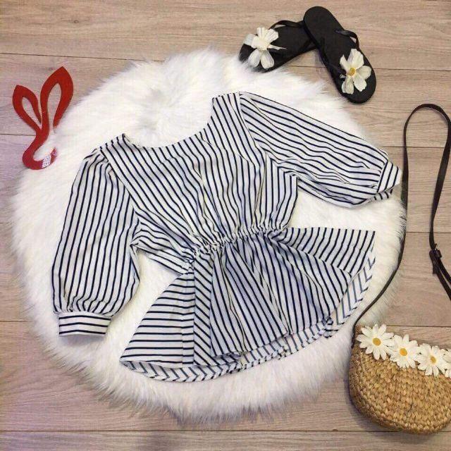 Áo Peplum Sọc Kẽ Lưng V Buộc Nơ