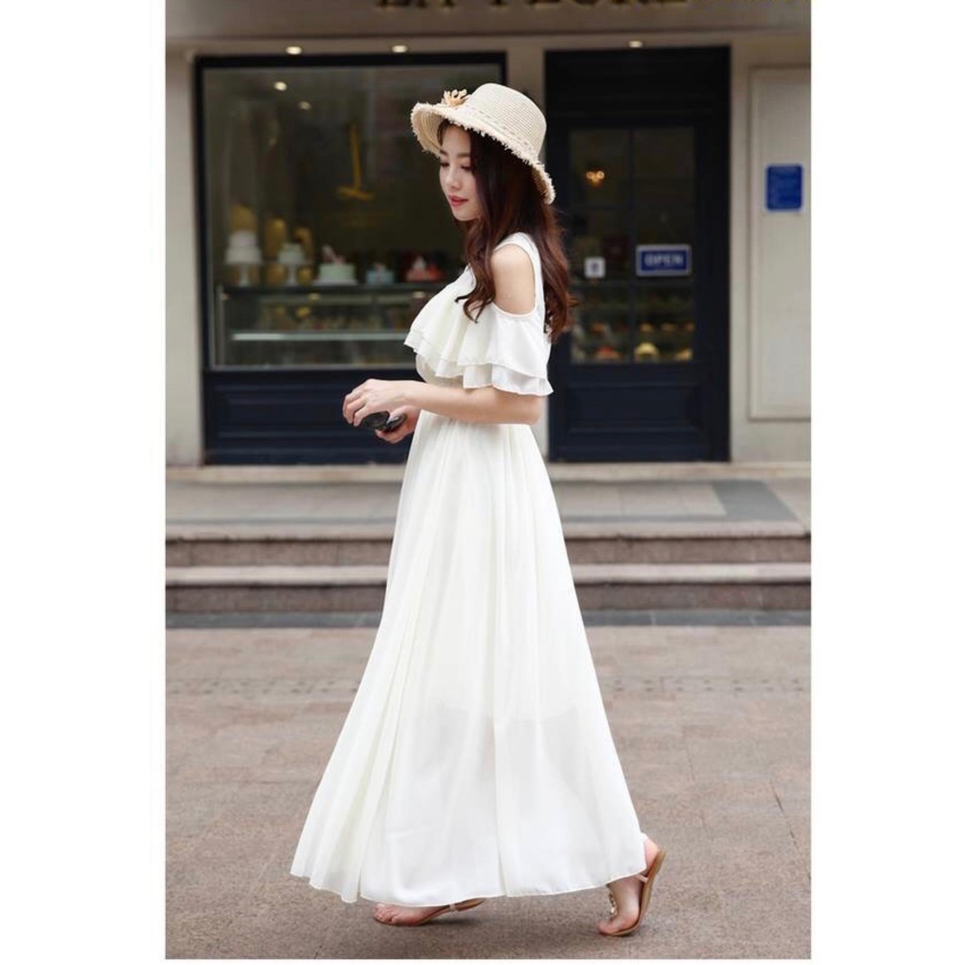[HCM]Đầm maxi chifon rớt vai (Trắng)