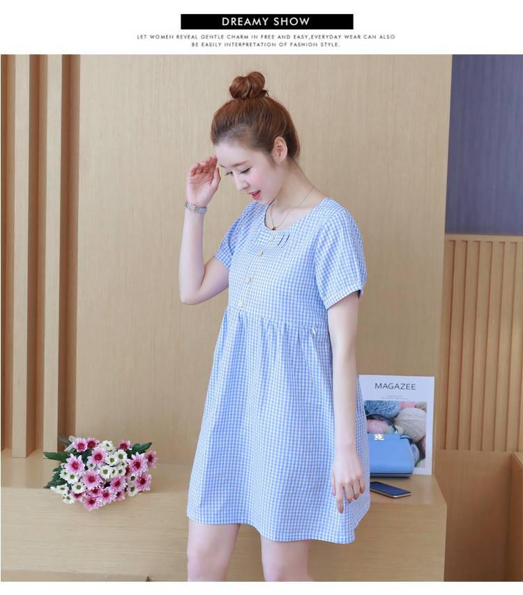 Váy Bầu Kẻ Caro Xanh Nơ Cổ