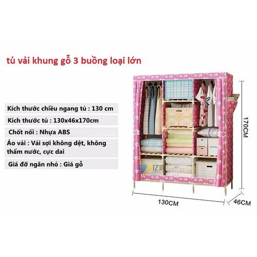 Tủ vải quần áo khung gỗ 3 buồng 8 ngăn tặng kèm 1 dây phơi quần áo thông minh