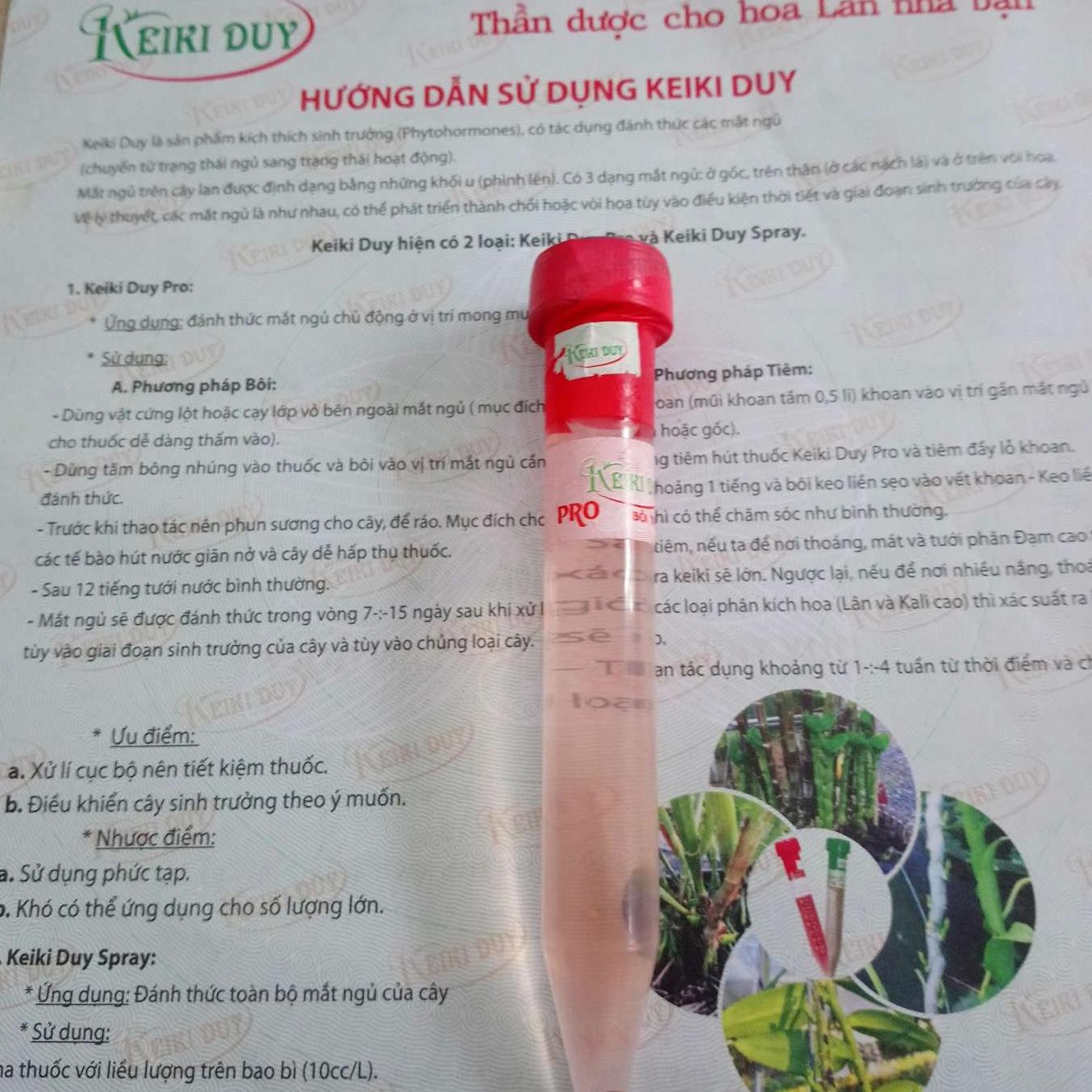 Keiki Duy Pro Đỏ 15ml Bôi trực tiếp hoa lan dùng để kích keiki hoặc kích hoa, bôi vào mắt ngủ hoặc tiêm trực tiếp vào thân khoảng 10-15 ngày. 99% mắt ngủ sẽ thức dậy
