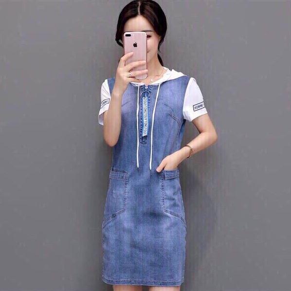 [HCM]Đầm suông jean phối nón