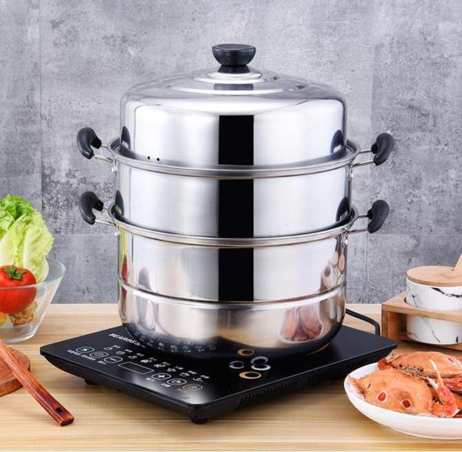 Nồi hấp 3 tầng đường kính 28cm dùng trên mọi loại bếp, Nồi Hấp kiêm nồi luộc gà 3 Tầng - sz 28cm