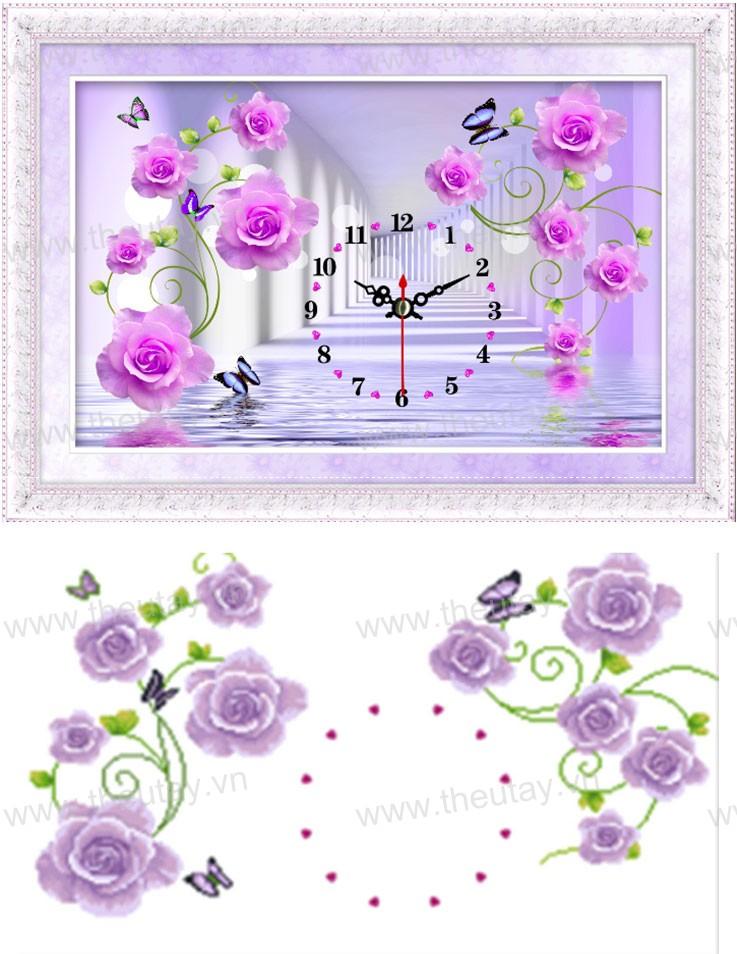 Tranh đính đá abc 3d đồng hồ hoa hồng màu tím lv010 kt:80x50cm