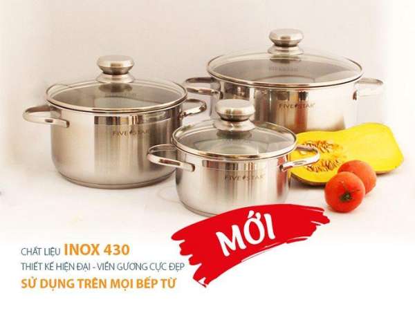 Bộ 3 nồi Fivestar inox 3 nắp kính