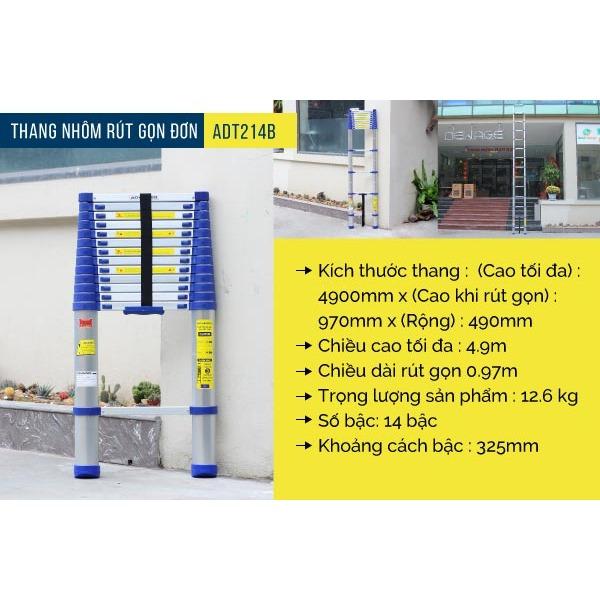 Thang nhôm rút gọn đơn Advindeq ADT214B (4,9m + Đai cao su)